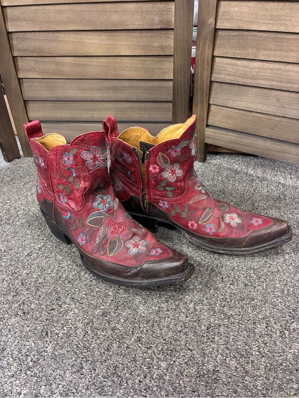 Old Gringo Red Floral Embroidered Ankle Booties with Brown Accents